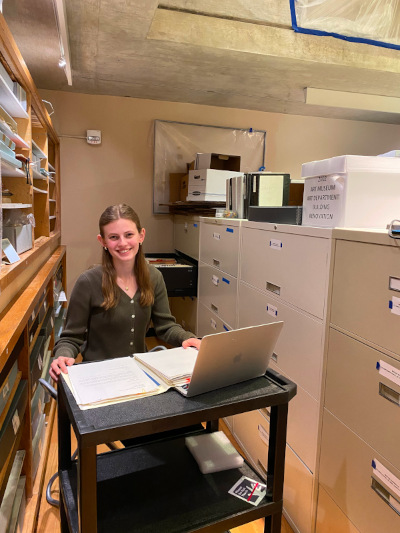 Lydia Holleck ’25 works on cataloging the exhibition files Lydia Holleck ’25 works on cataloging the exhibition files