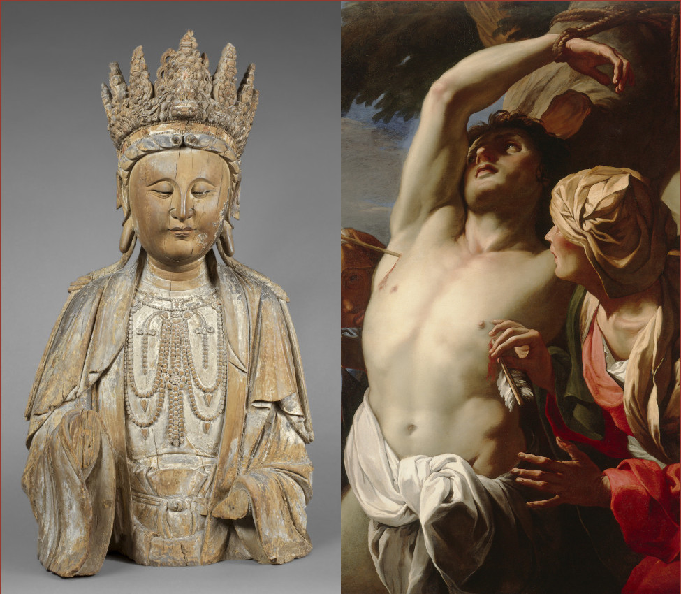L: Unknown (Chinese), Guanyin, 960-1368; R: Daniel Seiter (Austrian, 1649-1705), Saint Sebastian Tended by Saint Irene (detail), ca. 1680