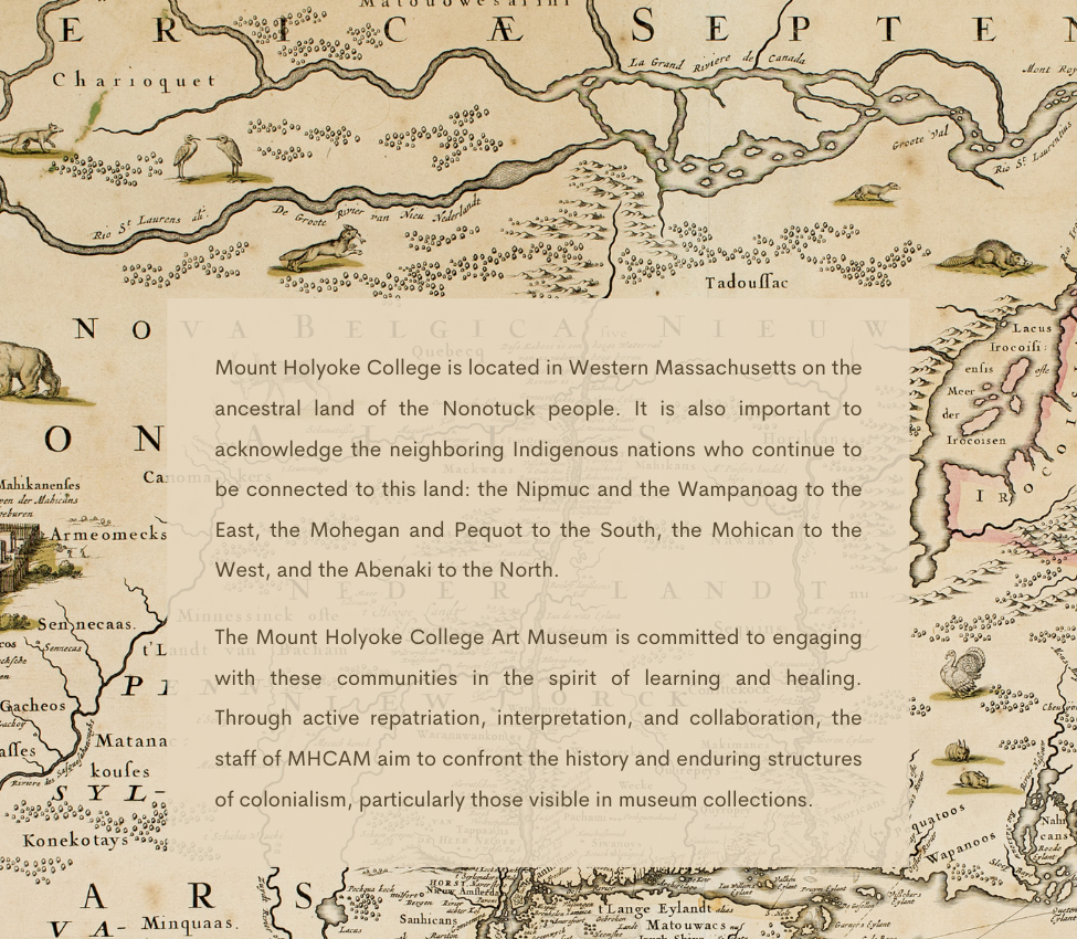 A semi-transparent tan text box with the Museum's land acknowledgement is overlaid on a historical map of Western Massachusetts.