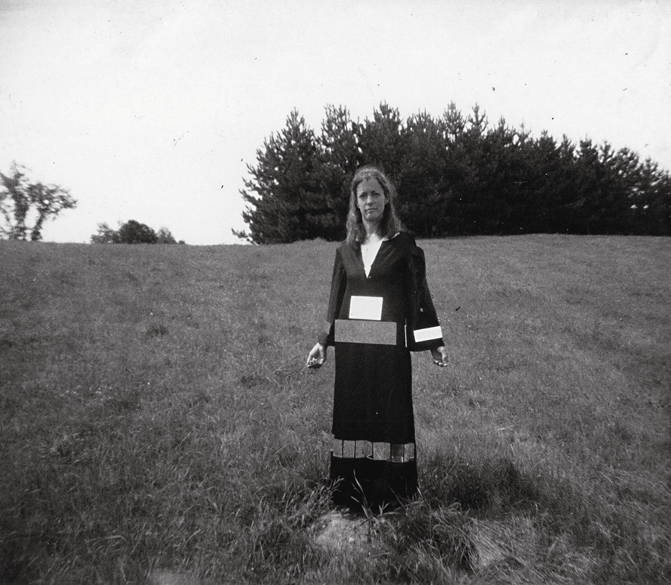 Joan Jonas in mirror costume, ca. 1968