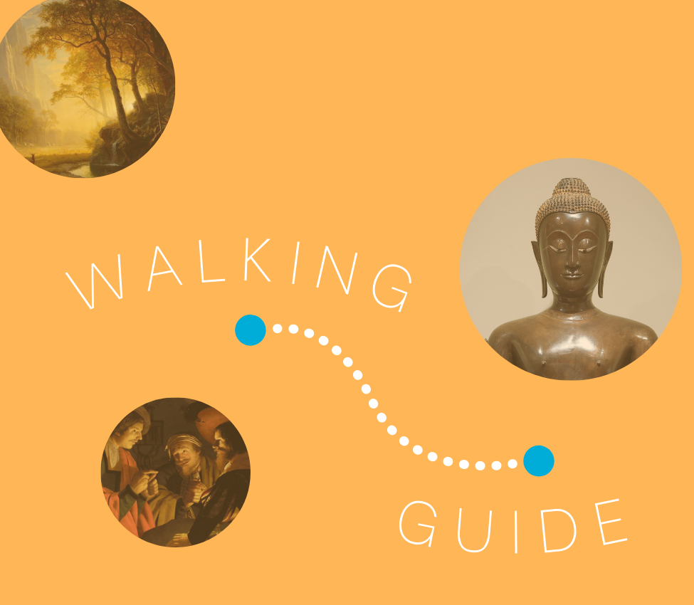 An orange background with the text, "Walking Guide." Surrounding it are three circle images of MHCAM collection artworks..