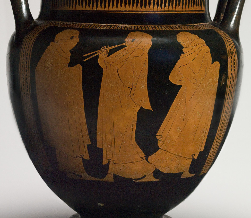 Eupolis Painter (Greek; Attic), Vessel for mixing wine and water (column krater) with veiled dancers (detail), 450-440 BCE
