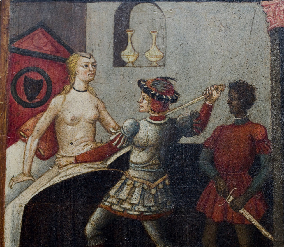 Unknown (Italian; Sienese), Wedding chest (cassone) with painted panel showing the Death of Lucretia (detail), ca. 1465-1475