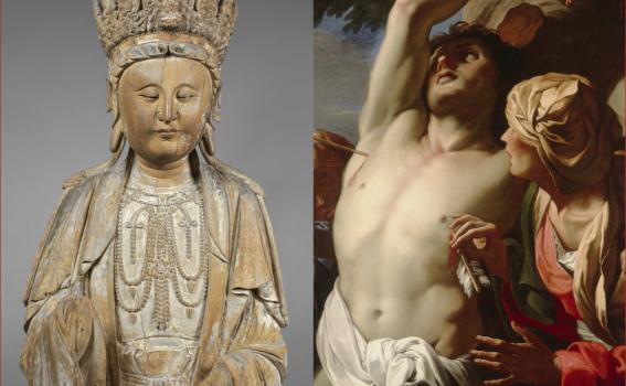 L: Unknown (Chinese), Guanyin, 960-1368; R: Daniel Seiter (Austrian, 1649-1705), Saint Sebastian Tended by Saint Irene (detail), ca. 1680 L: Unknown (Chinese), Guanyin, 960-1368; R: Daniel Seiter (Austrian, 1649-1705), Saint Sebastian Tended by Saint Irene (detail), ca. 1680