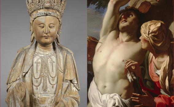 L: Unknown (Chinese), Guanyin, 960-1368; R: Daniel Seiter (Austrian, 1649-1705), Saint Sebastian Tended by Saint Irene (detail), ca. 1680