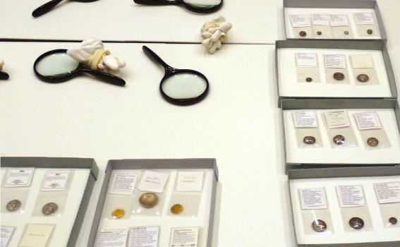 Coins on display in the Carson Teaching Gallery