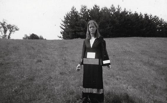 Joan Jonas in mirror costume, ca. 1968