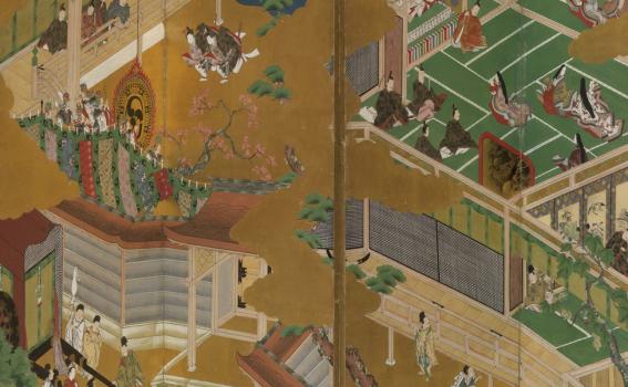 Masamitsu Kano, also known as Eishunsai (Japanese, d. 1765), Six-fold screen with scenes from Tail of Genji, mid 18th century (detail) Masamitsu Kano, also known as Eishunsai (Japanese, d. 1765), Six-fold screen with scenes from Tail of Genji, mid 18th century (detail)