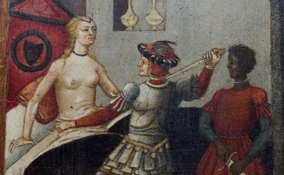 Unknown (Italian; Sienese), Wedding chest (cassone) with painted panel showing the Death of Lucretia (detail), ca. 1465-1475