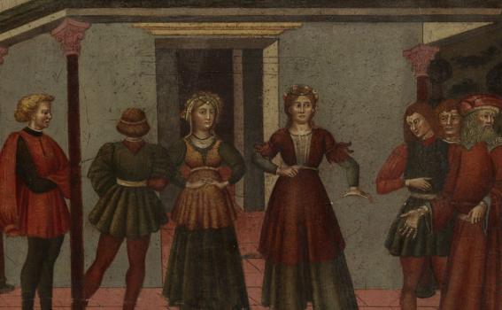 Maker Unknown (Italian), Cassone (wedding chest) with painted panel showing the Death of Lucretia, ca. 1465-75