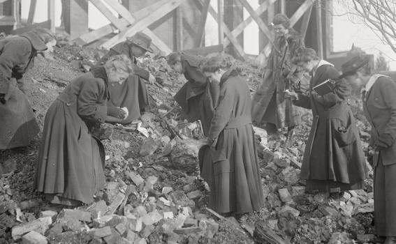 Professor Mignon Talbot and students after the Williston Hall fire, December 1917