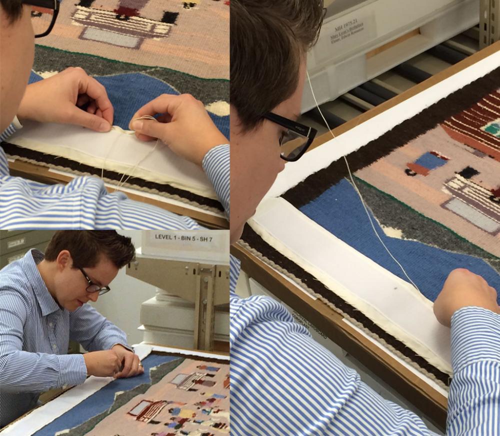 Jacqueline Finnegan prepares weavings for an exhibition