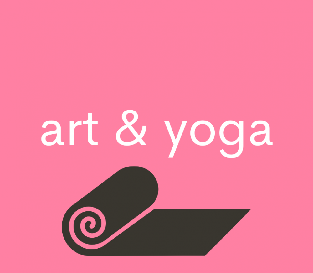 A pink background with the text: art & yoga overlaid. Below the text is a gray yoga mat partly unrolled.