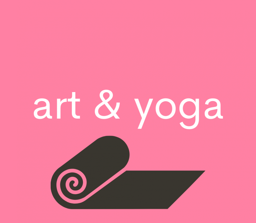 Art & Yoga: A Video Series A pink background with the text: art & yoga overlaid. Below the text is a gray yoga mat partly unrolled.