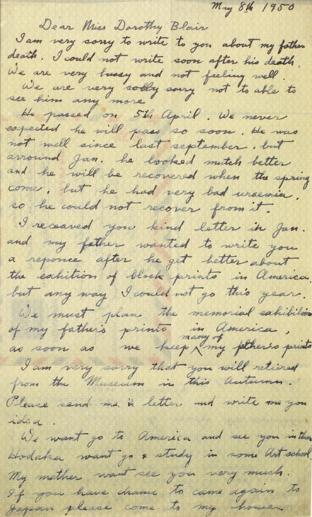 Yoshida Tōshi’s first letter to Dorothy Blair after his father’s death on April 5, 1950