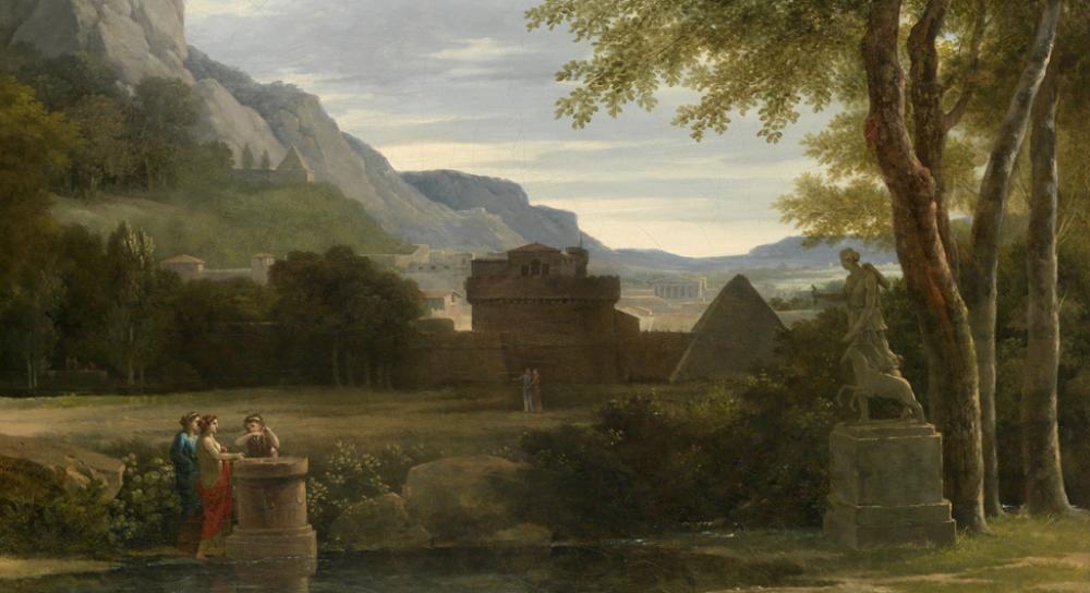 Pierre Henri de Valenciennes (French, 1750-1819), Classical Greek Landscape with Girls Sacrificing Their Hair to Diana on the Bank of a River (detail), 1790, oil on canvas, 2000.1 Pierre Henri de Valenciennes (French, 1750-1819), Classical Greek Landscape with Girls Sacrificing Their Hair to Diana on the Bank of a River, 1790
