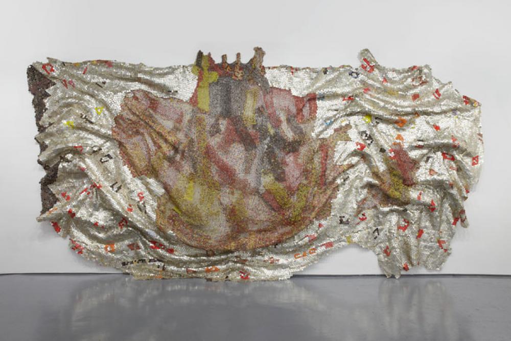 El Anatsui, They Finally Broke the Pot of Wisdom, 2011 Found aluminum and copper wire 15’6” x 23’ feet flat (dimensions variable) Approximately 11’4” x 22’6” feet installed