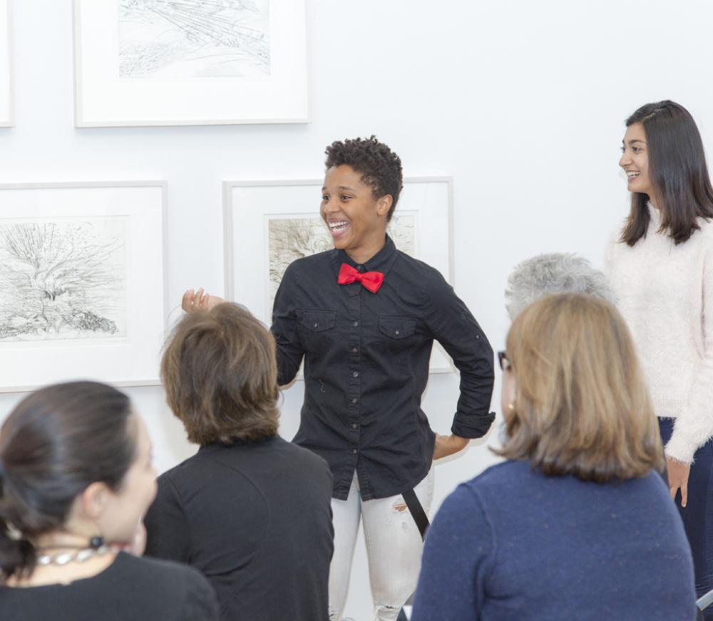First-Year Seminar students discuss their observations of a Judy Pfaff sculpture