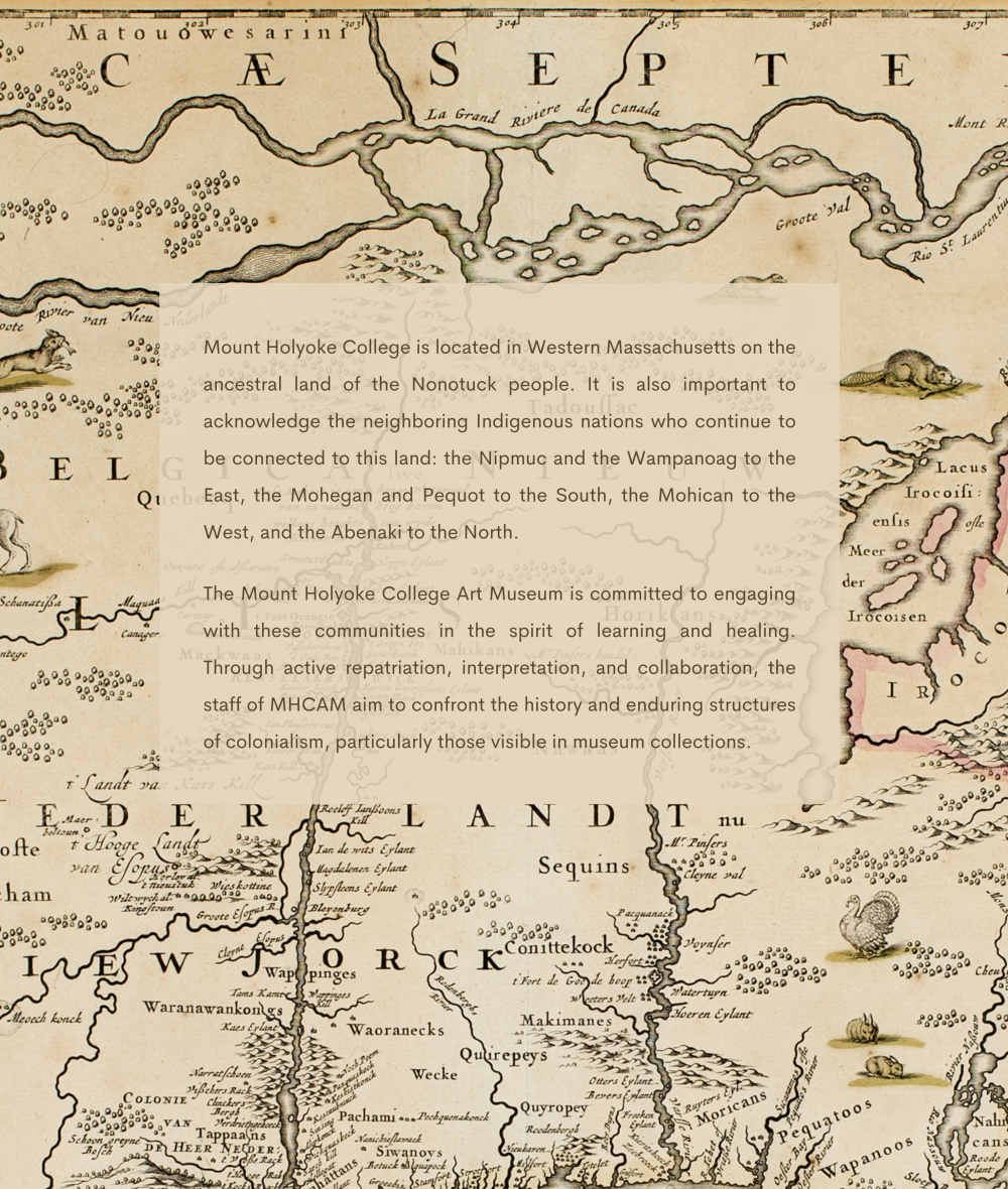 A semi-transparent tan text box with the Museum's land acknowledgement is overlaid on a historical map of Western Massachusetts.