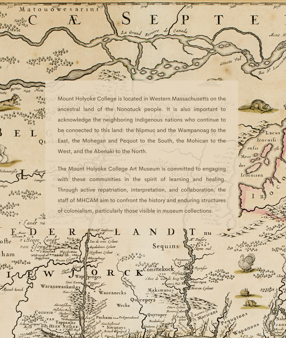 MHCAM Land Acknowledgement A semi-transparent tan text box with the Museum's land acknowledgement is overlaid on a historical map of Western Massachusetts.