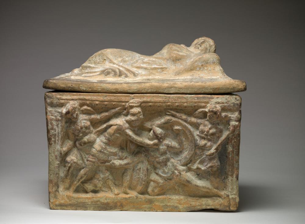 Etruscan, Cinerary urn with lid and scenes from Aeschylus
