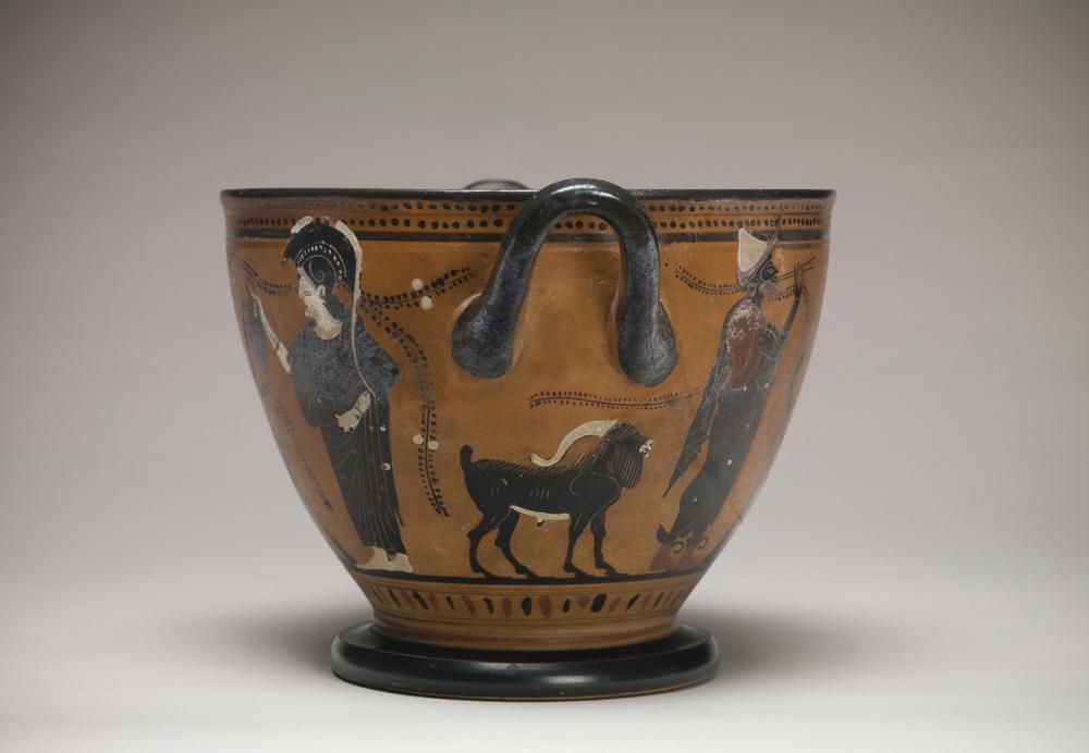 Theseus Painter, Skyphos with Herakles, Athena, and Hermes Theseus Painter, Skyphos with Herakles, Athena, and Hermes