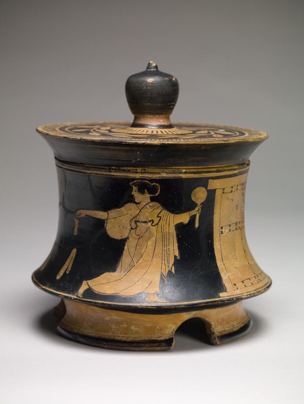 Veii Painter, Tripod pyxis, with a domestic scene Veii Painter, Tripod pyxis, with a domestic scene