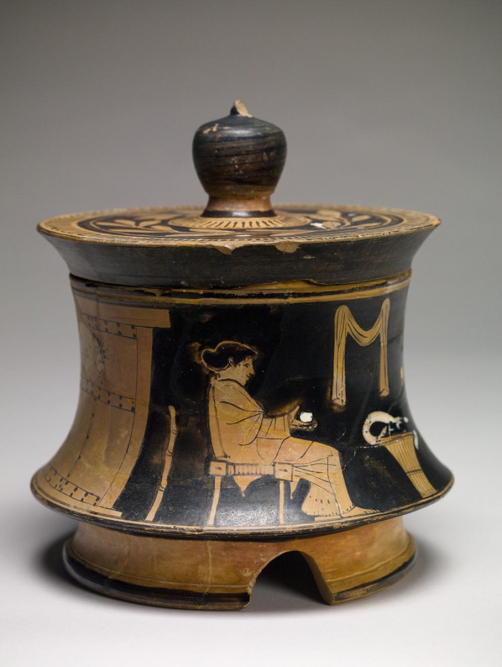 Veii Painter, Tripod pyxis, with a domestic scene Veii Painter, Tripod pyxis, with a domestic scene