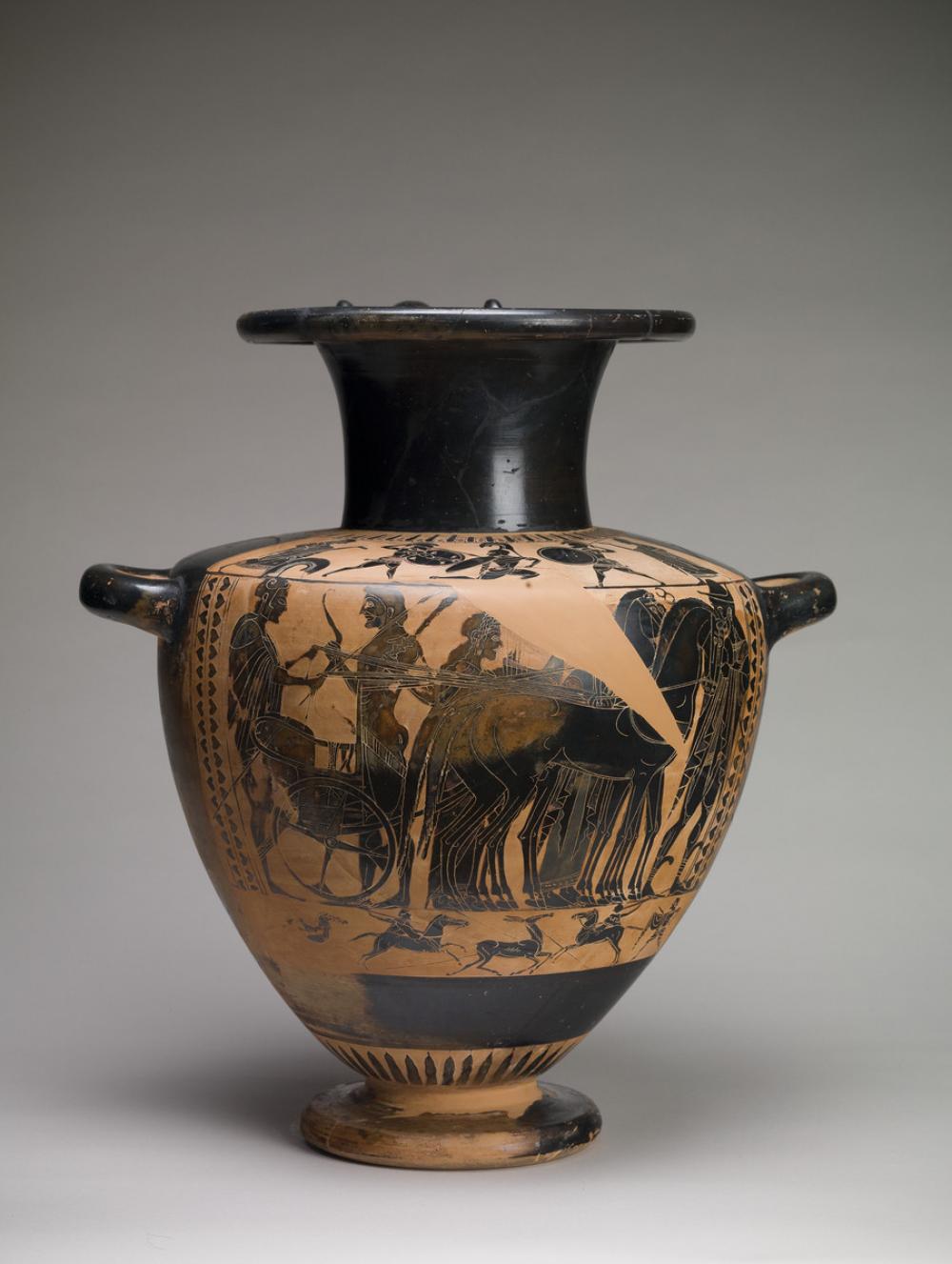 Eye-Siren Painter, Shoulder hydria with Athena, Herakles, Apollo, and Hermes