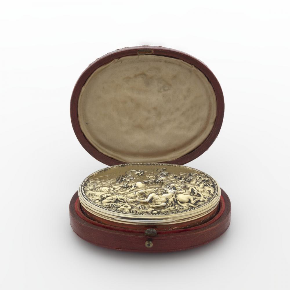 English, Snuffbox with scene from the Battle of Marston Moor with case