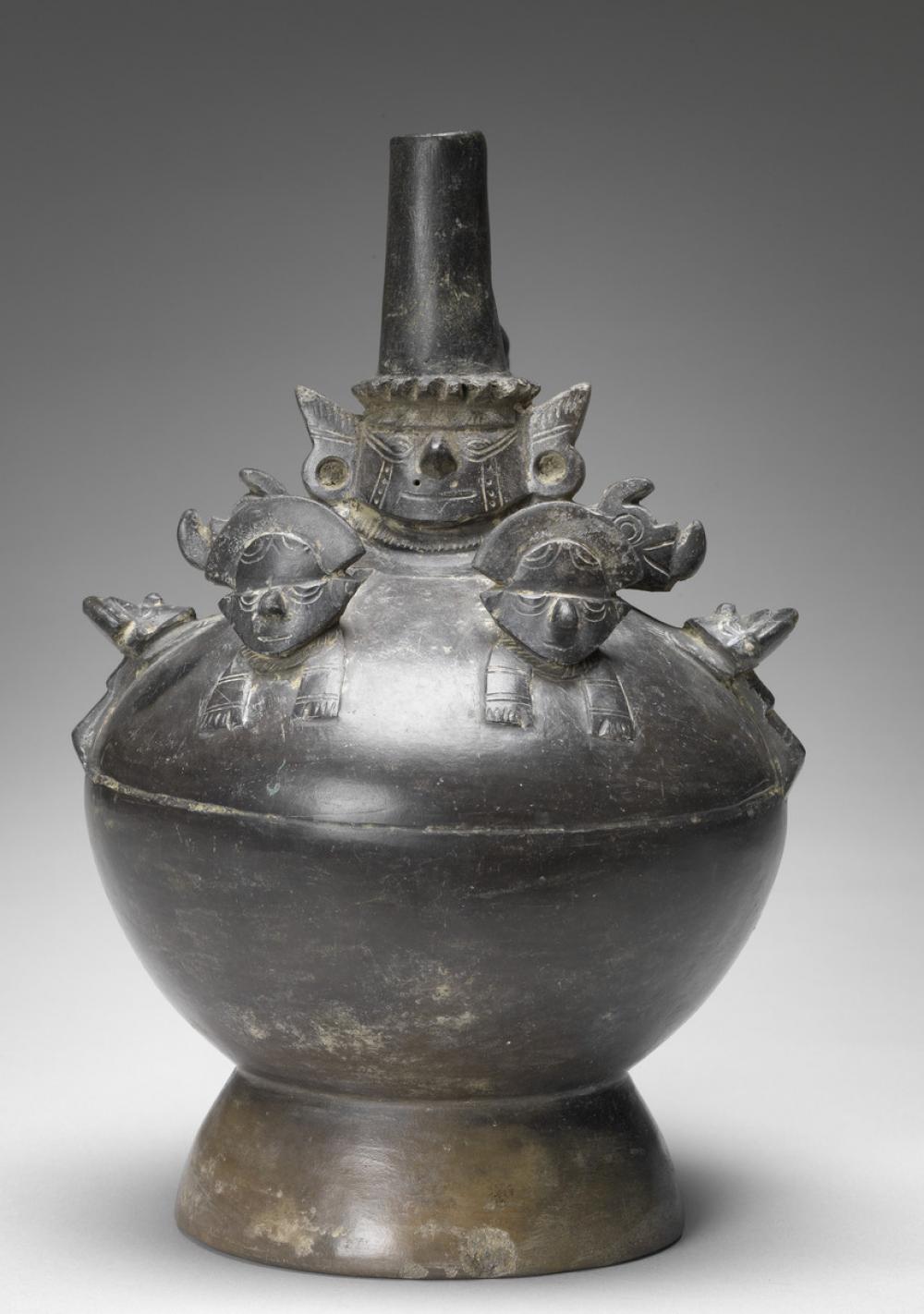 Lambayeque, Stirrup-spouted blackware vessel with Lambayeque Lord Lambayeque, Stirrup-spouted blackware vessel with Lambayeque Lord