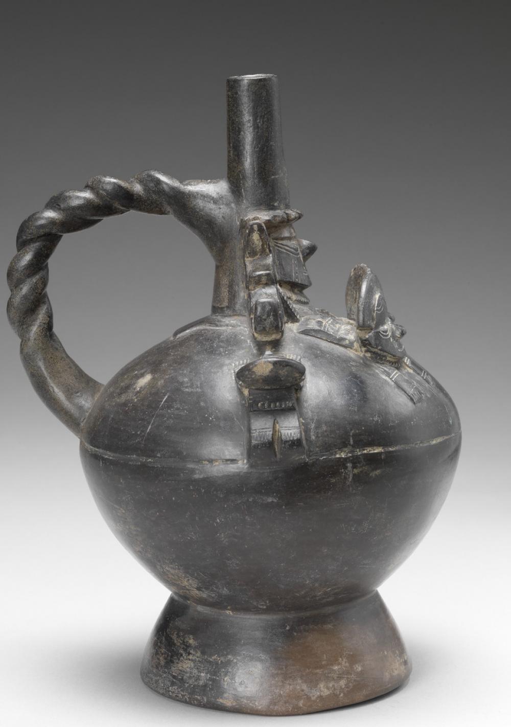 Lambayeque, Stirrup-spouted blackware vessel with Lambayeque Lord