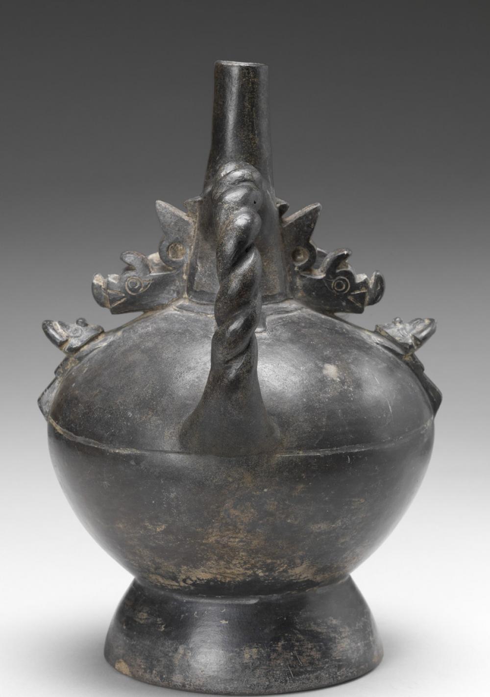 Lambayeque, Stirrup-spouted blackware vessel with Lambayeque Lord Lambayeque, Stirrup-spouted blackware vessel with Lambayeque Lord
