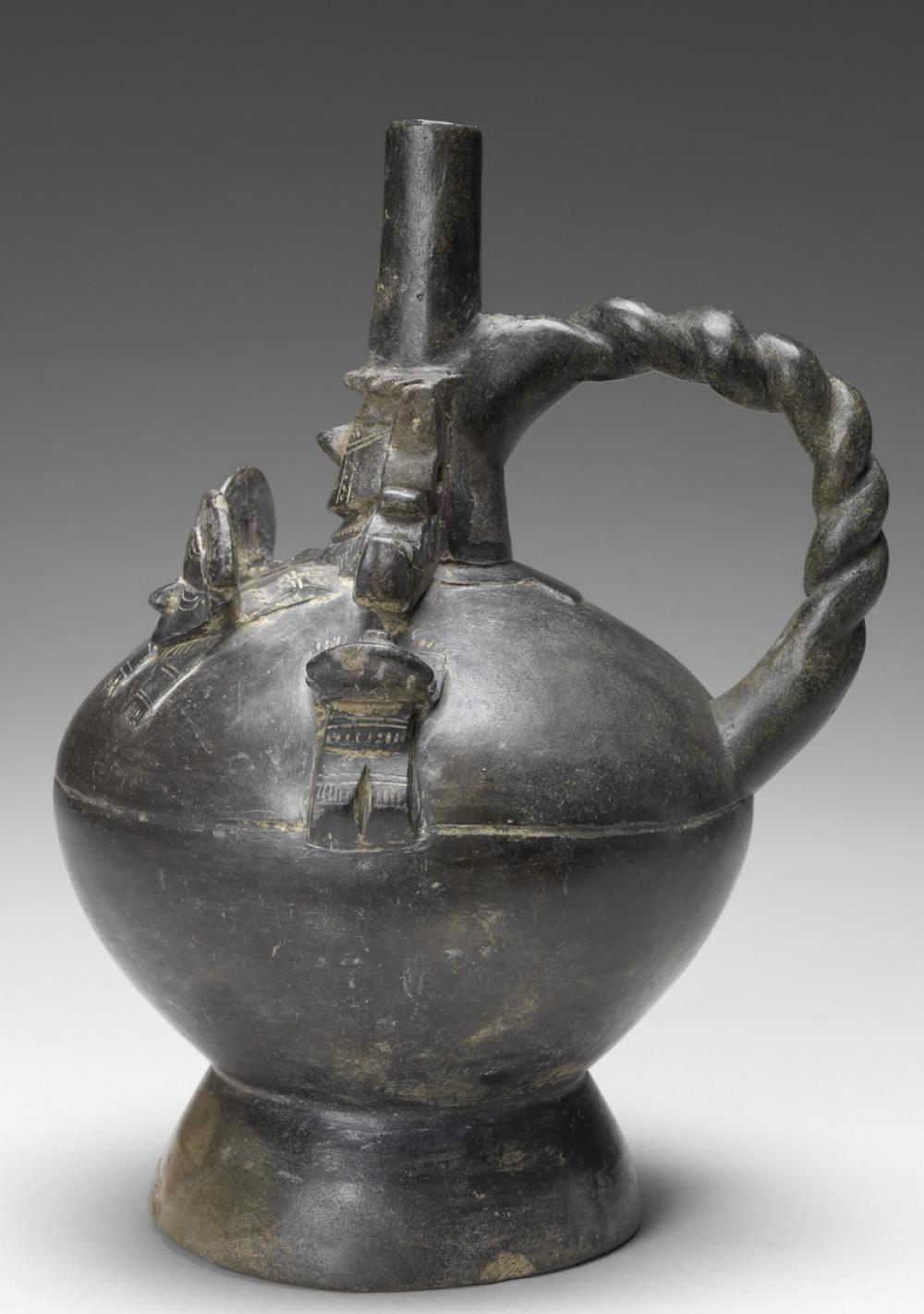 Lambayeque, Stirrup-spouted blackware vessel with Lambayeque Lord Lambayeque, Stirrup-spouted blackware vessel with Lambayeque Lord