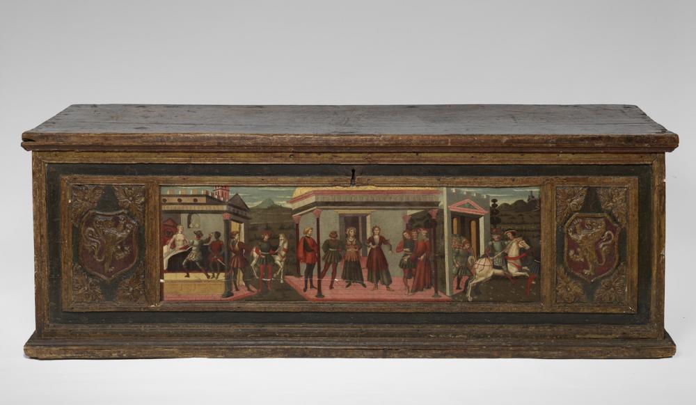 Italian, Cassone (wedding chest) with painted panel showing the Death of Lucretia Italian, Cassone (wedding chest) with painted panel showing the Death of Lucretia