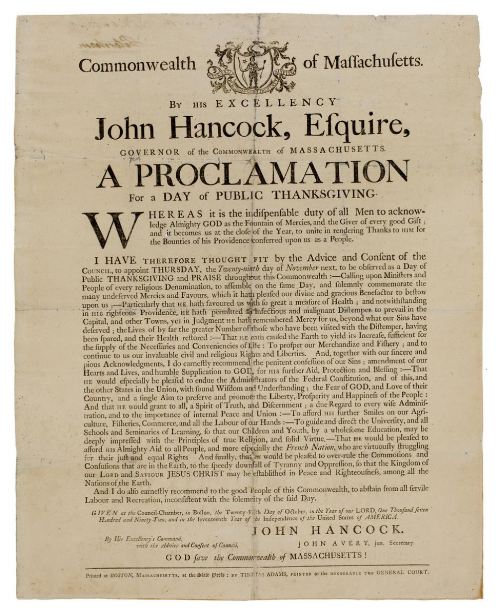 Adams, Thomas, A Proclamation for a Day of Public Thanksgiving; Broadside Adams, Thomas, A Proclamation for a Day of Public Thanksgiving; Broadside