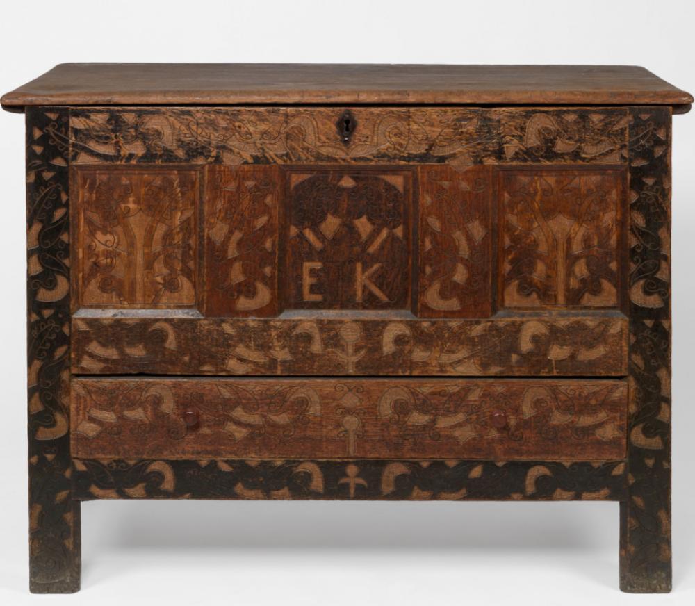 Allis, Ichabod (probably); Belding, Samuel Jr. (probably), British; American (1675-1747); (1657-1778), Hadley Chest; Dower Chest; Chest With Drawer, ca. 1700 Allis, Ichabod (probably); Belding, Samuel Jr. (probably), British; American (1675-1747); (1657-1778), Hadley Chest; Dower Chest; Chest With Drawer, ca. 1700