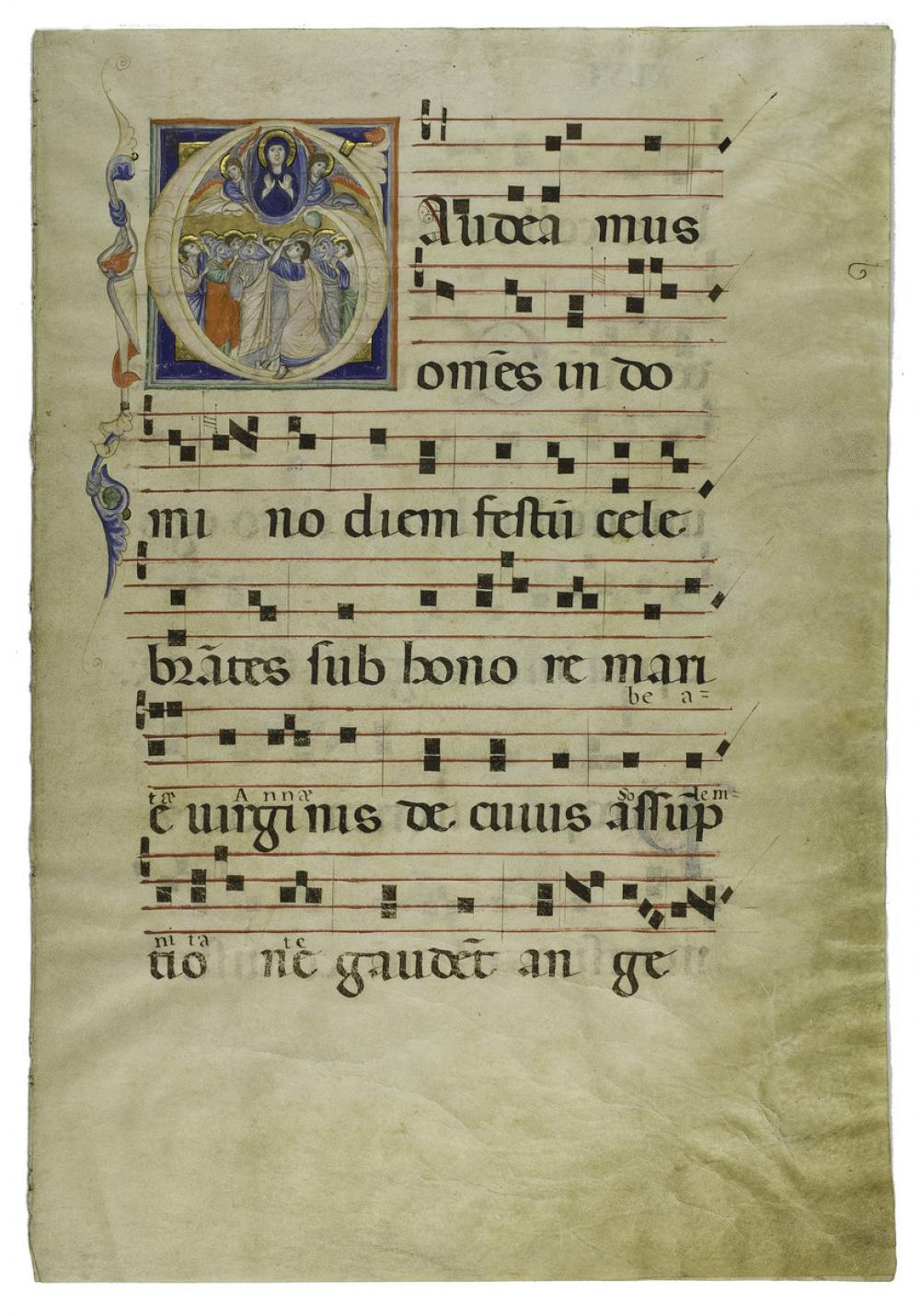 Unknown (Italian), Folios XLV and XLVI of Liturgical Book with Illuminated Initial: Assumption of the Virgin, 13th-14th century Unknown (Italian), Folios XLV and XLVI of Liturgical Book with Illuminated Initial: Assumption of the Virgin, 13th-14th century