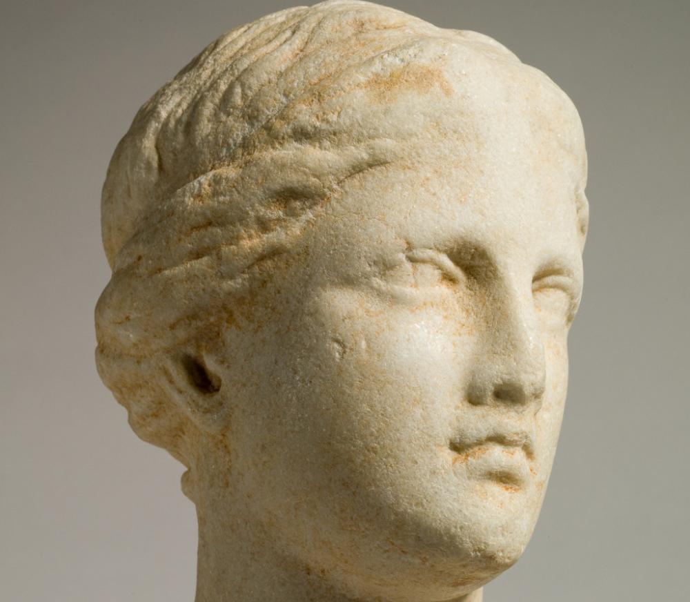 Unknown (Greek), Head of a woman, possibly Aphrodite (detail), Hellenistic Period; 3rd-1st century BCE Unknown (Greek), Head of a woman, possibly Aphrodite (detail), Hellenistic Period; 3rd-1st century BCE