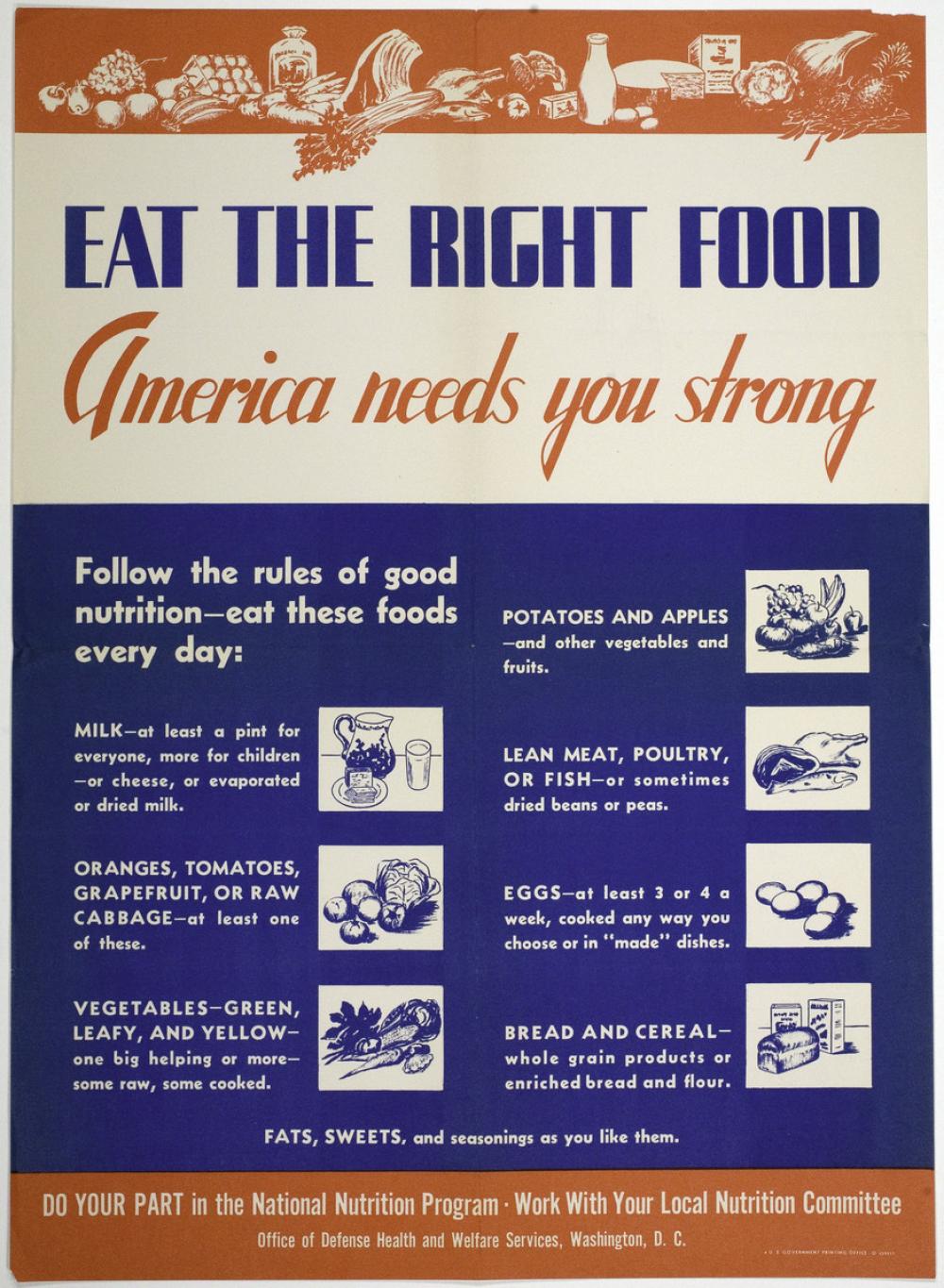Unknown (designer); United States Office of Defense Health and Welfare Services (publisher) (American), Eat the Right Food, America Needs You Strong, 1941-1945