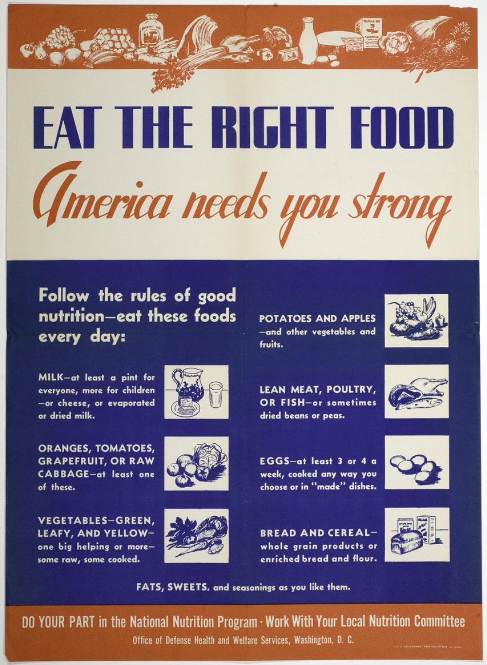 Unknown (designer); United States Office of Defense Health and Welfare Services (publisher) (American), Eat the Right Food, America Needs You Strong, 1941-1945 Unknown (designer); United States Office of Defense Health and Welfare Services (publisher) (American), Eat the Right Food, America Needs You Strong, 1941-1945