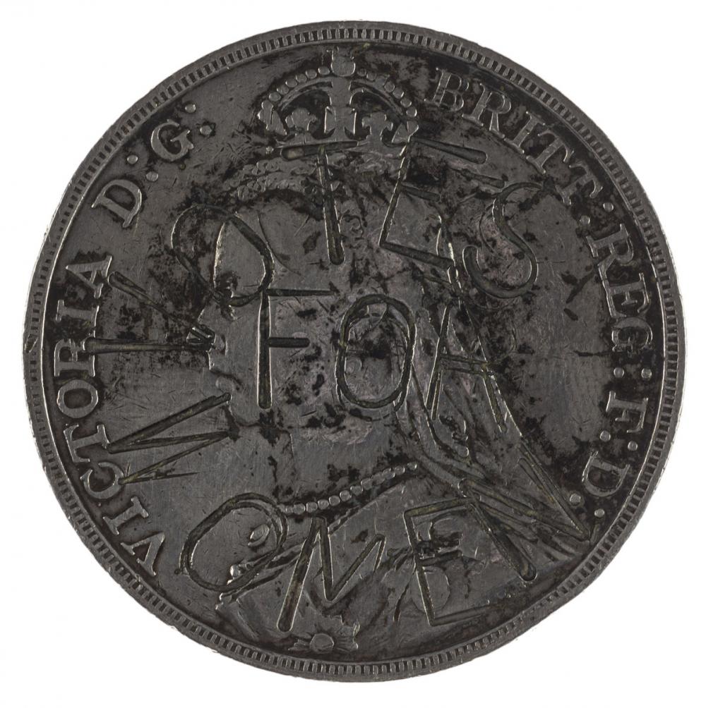 Minted under Victoria I (British), Crown with Suffragette countermark minted under Victoria I, 1892; ca. 1905 Minted under Victoria I (British), Crown with Suffragette countermark minted under Victoria I, 1892; ca. 1905