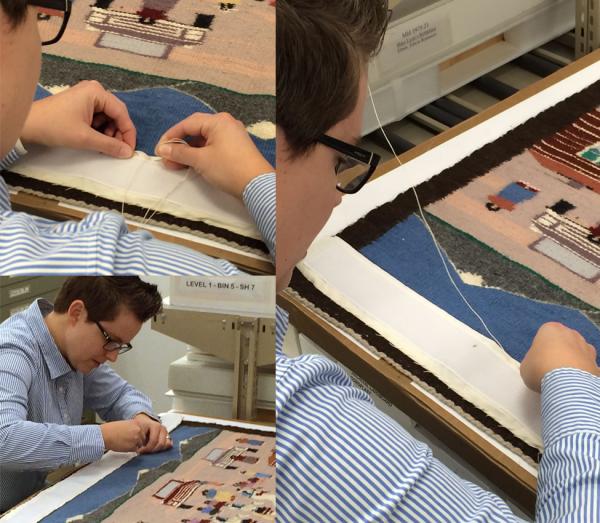 Jacqueline Finnegan prepares weavings for an exhibition
