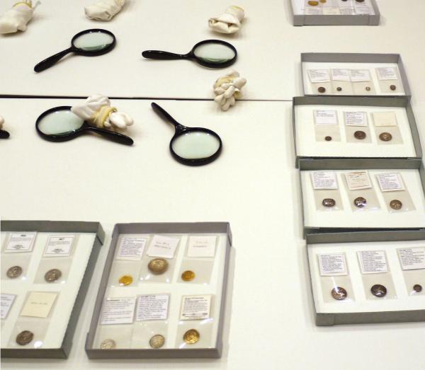 Coins on display in the Carson Teaching Gallery