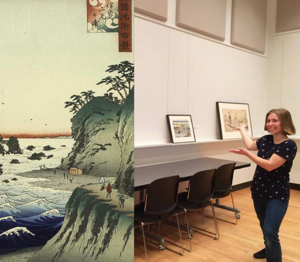 Utagawa Hiroshige II, Ise Futami ga ura (detail), 1859; Emily Ewen '16 presents her installation of Japanese prints in the Carson Teaching Gallery