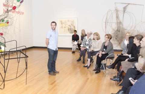 Assistant Professor of Mathematics Dylan Shepardson and students in his "Entropy" seminar present to the Art Museum Advisory Board