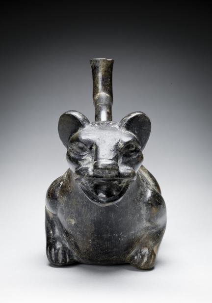 Moche, Stirrup-spouted vessel in form of feline