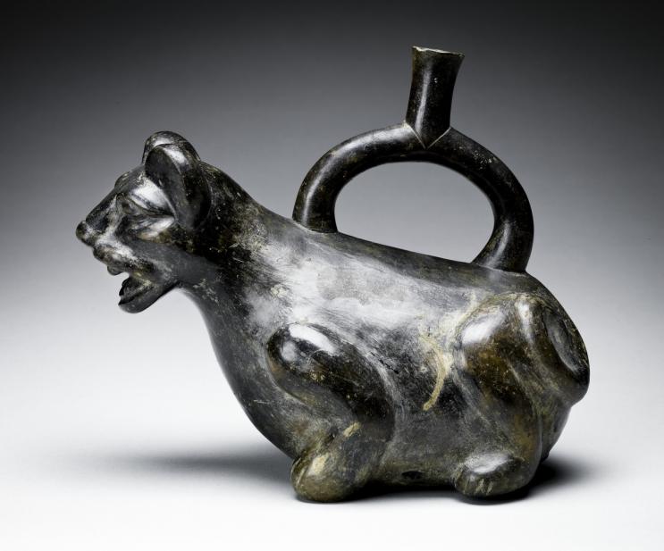 Moche, Stirrup-spouted vessel in form of feline
