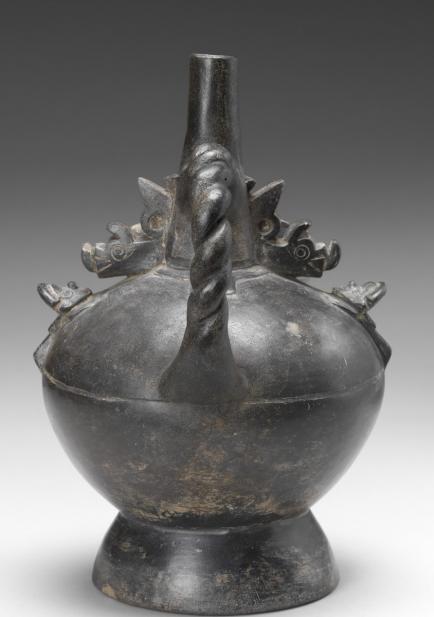 Lambayeque, Stirrup-spouted blackware vessel with Lambayeque Lord