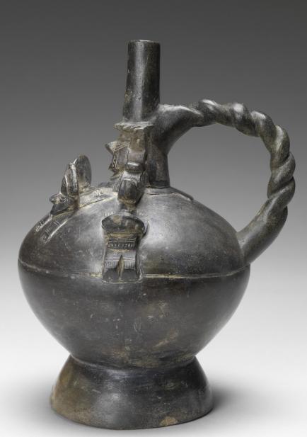 Lambayeque, Stirrup-spouted blackware vessel with Lambayeque Lord